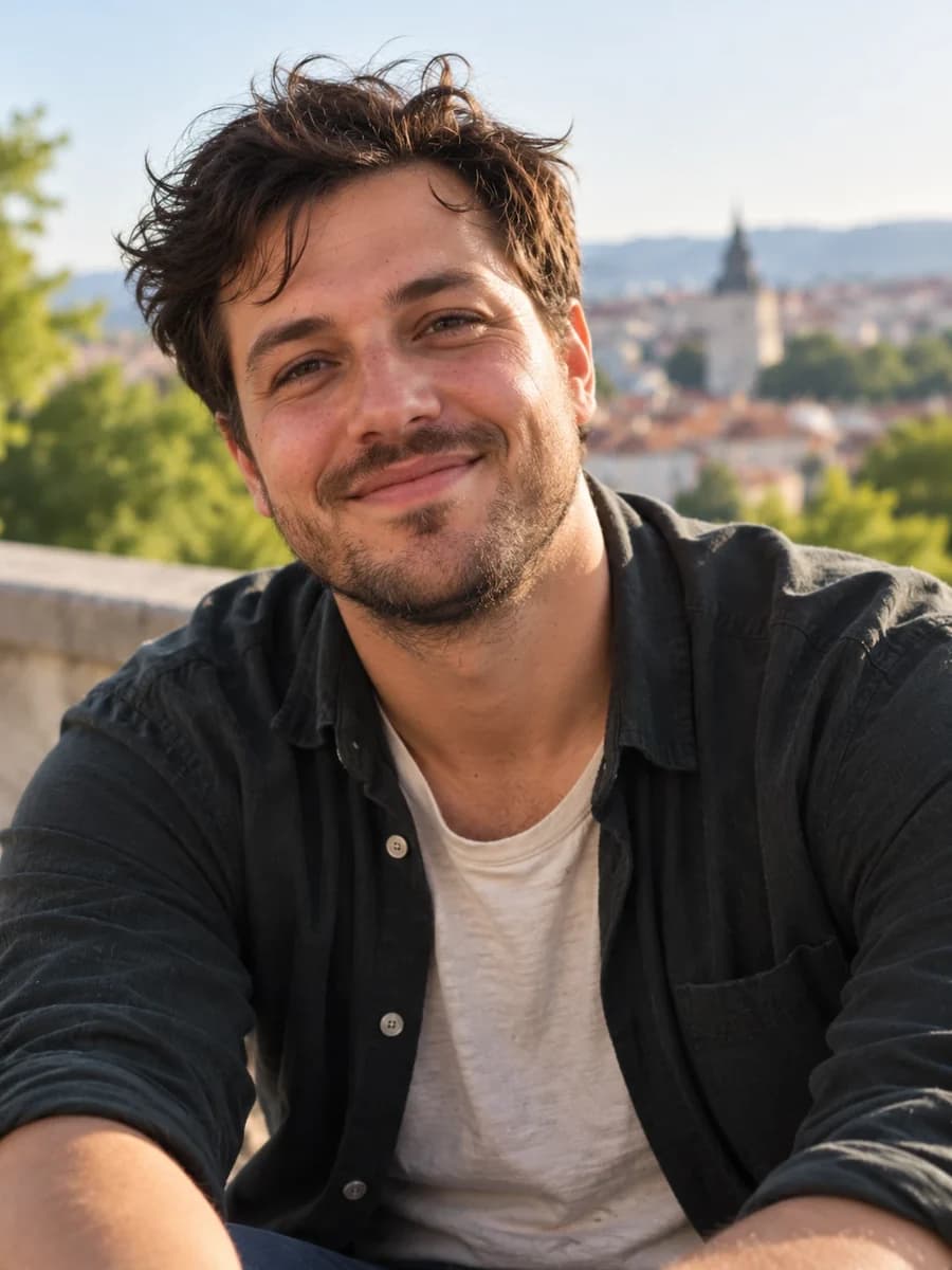 Lächelnder Mann mit dunklen Locken vor einer Altstadt im Abendlicht