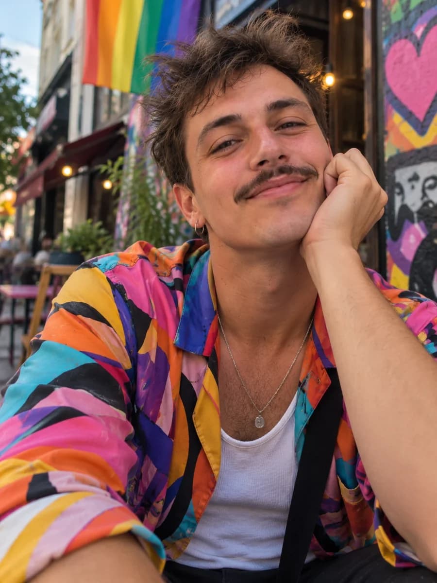 Smiling man with a moustache in a colourful shirt in front of a café